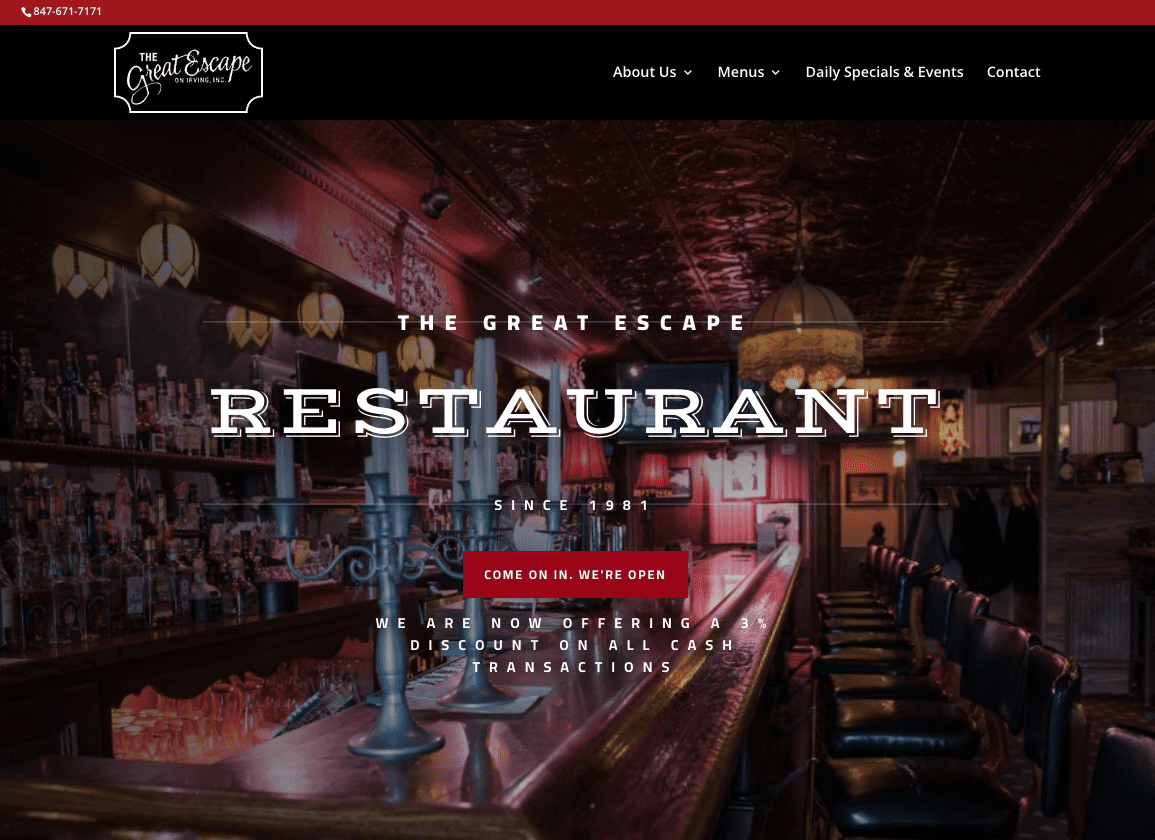 Restaurant website designed for the Great Escape Restaurant