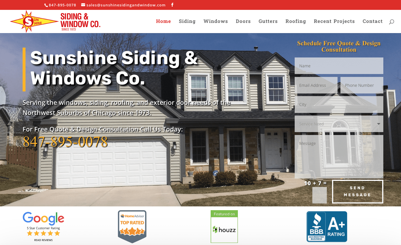 sunshine siding & window Co website design homepage