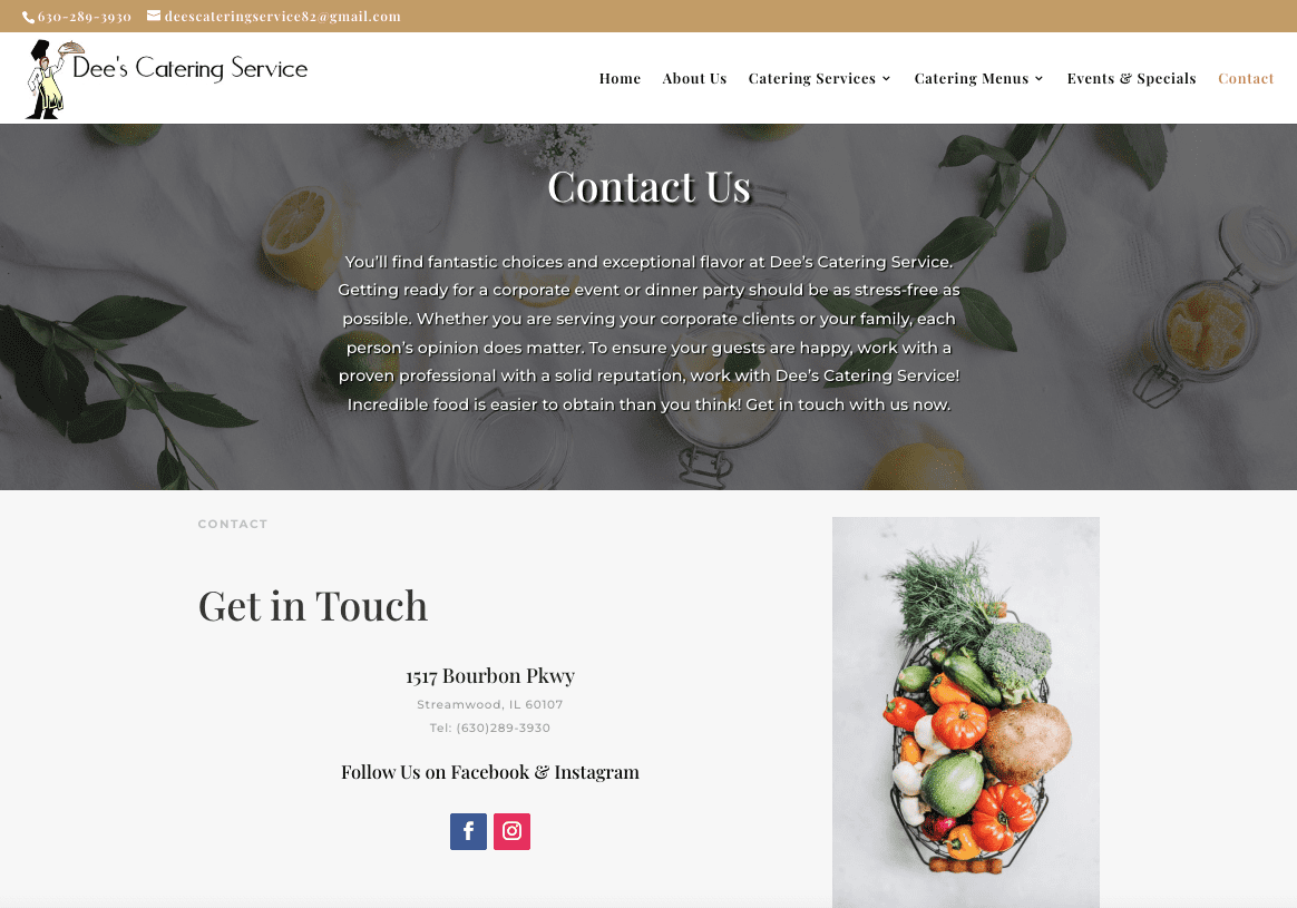 Contact Dee's Catering Service website page